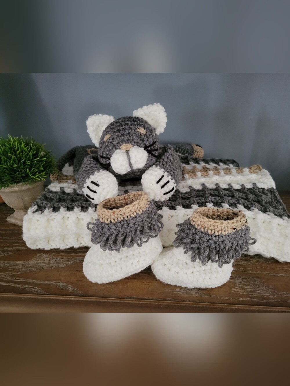 Baby Blanket Set Cat Snuggler Booties Gray Beige White Crochet Handmade Gift Set